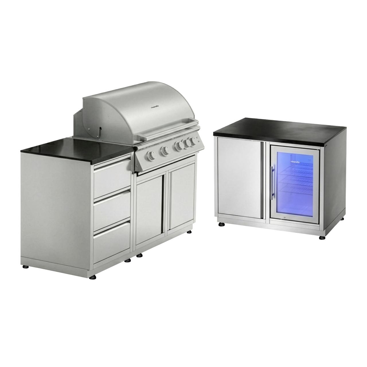Outdoorküche vivandio quub / Mobile Outdoorküche mit Grill, Kühlschrank & Schubladen - Ausführung: silber - Mobilität: mit Stellfüßen
