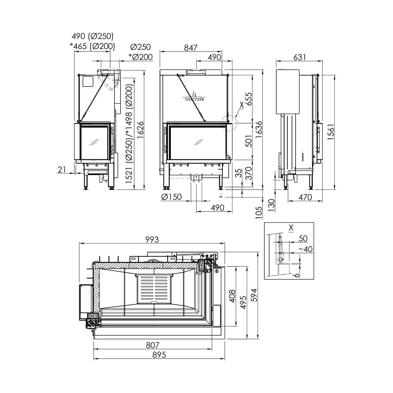Kamineinsatz Spartherm Premium V-2R-80h 10,5 kW - Feuerraumauskleidung: weiß - Rauchrohrdurchmesser: 250 mm