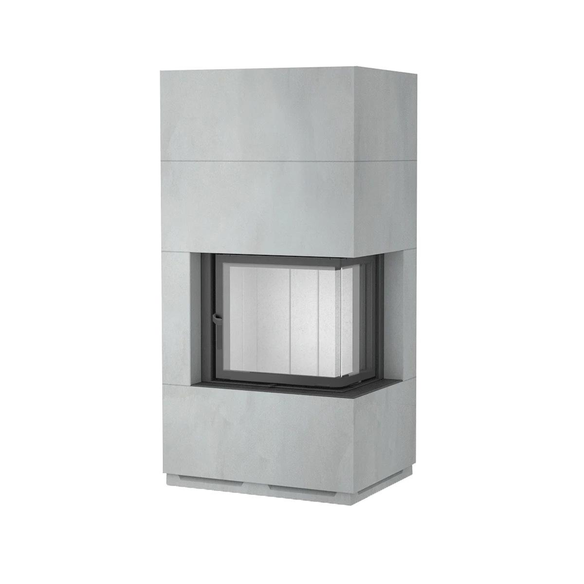 Kaminbausatz Camina S17 mit 5 kW - Ausführung Kaminbausatz: Beton natur - Eckscheibe: rechts - Türausführung: schwenkbar  - Feuerraumauskleidung: Schamotte weiß