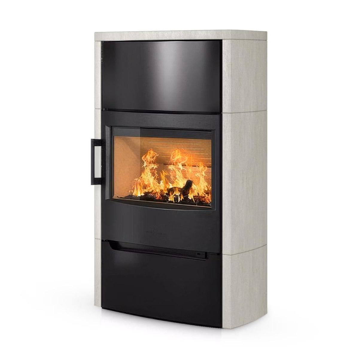 Kaminofen Wiking Maxi 6, 6,3 kW - Ausführung: Naturstein weiß - Korpus: Schwarz - Holzfach: mit Tür - Rauchabgang: Oben