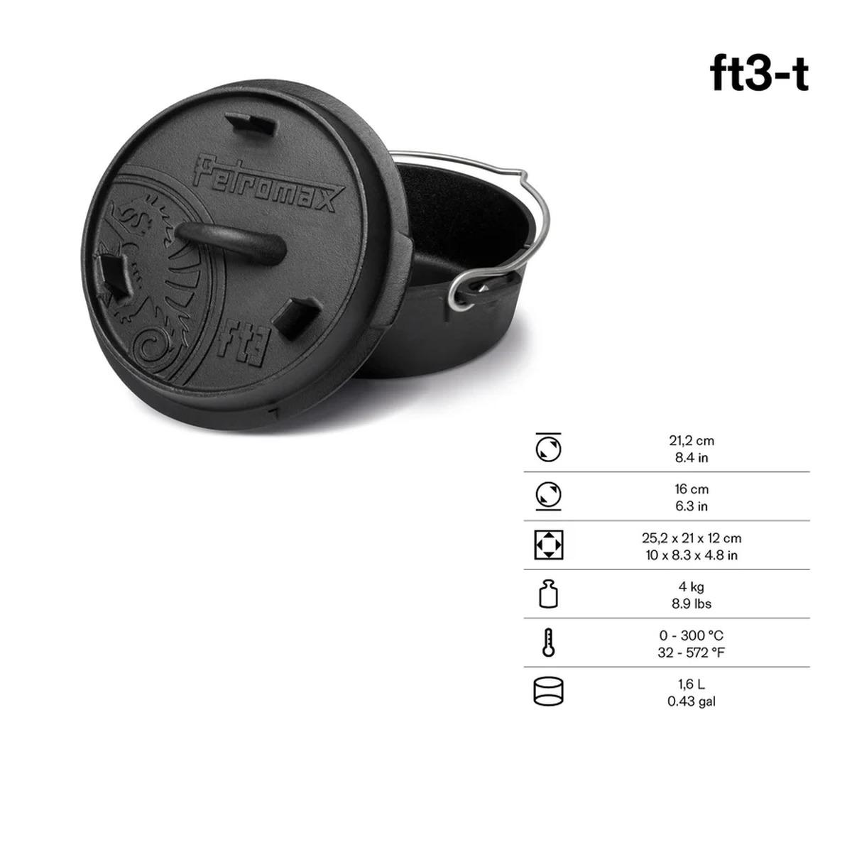 Petromax Grill Dreibein Dutch Oven Starterset - Größe Feuertopf: ft3 (1,6 l Topf / 0,4 l Deckel) - Ausführung Feuertopf: planer Boden