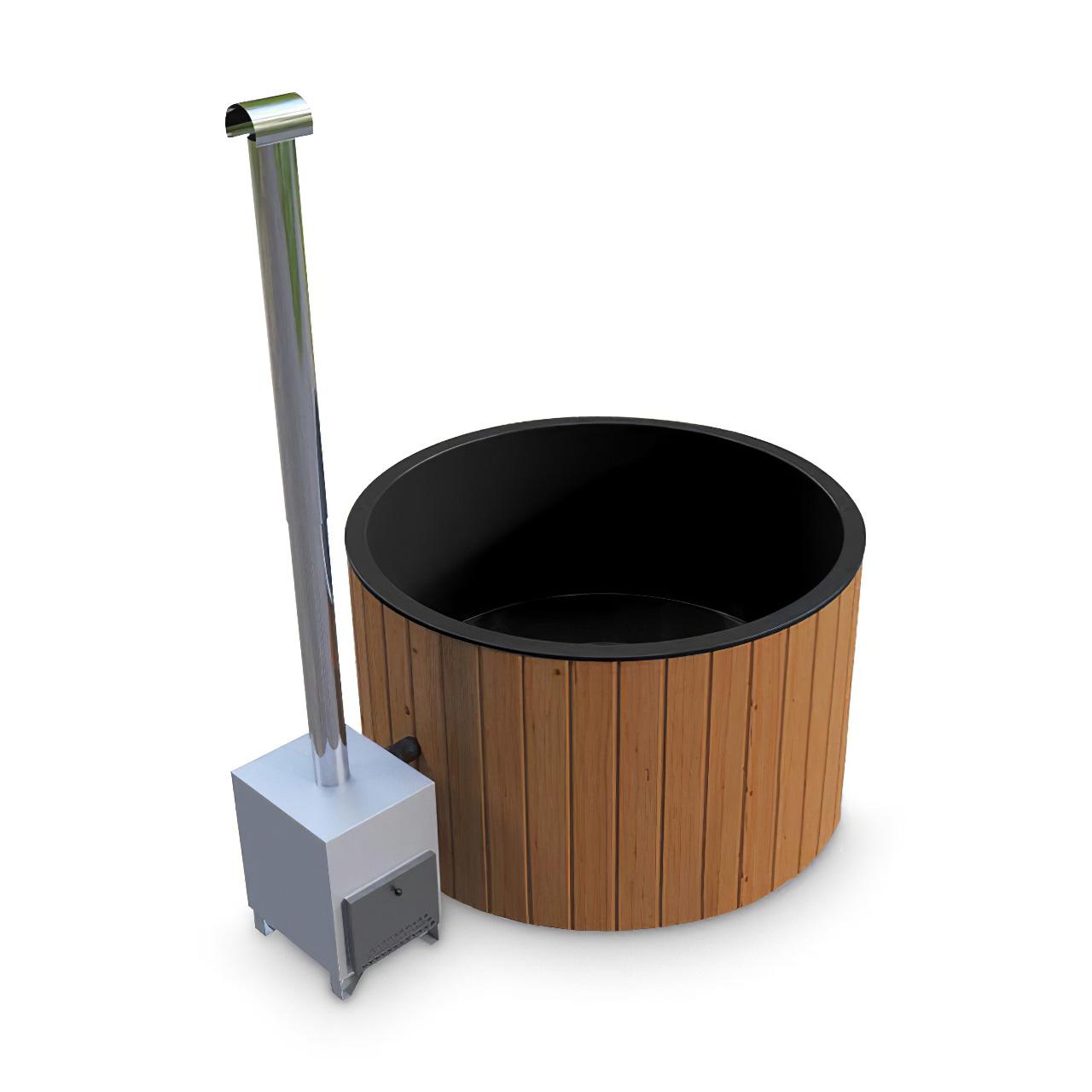 Hot Tub AA-Kaminwelt Badefass mit Kunststoffeinsatz und Außenofen DN 1800 mm - Farbe: RAL 9005 - Ofen: Aluminium 27 kW
