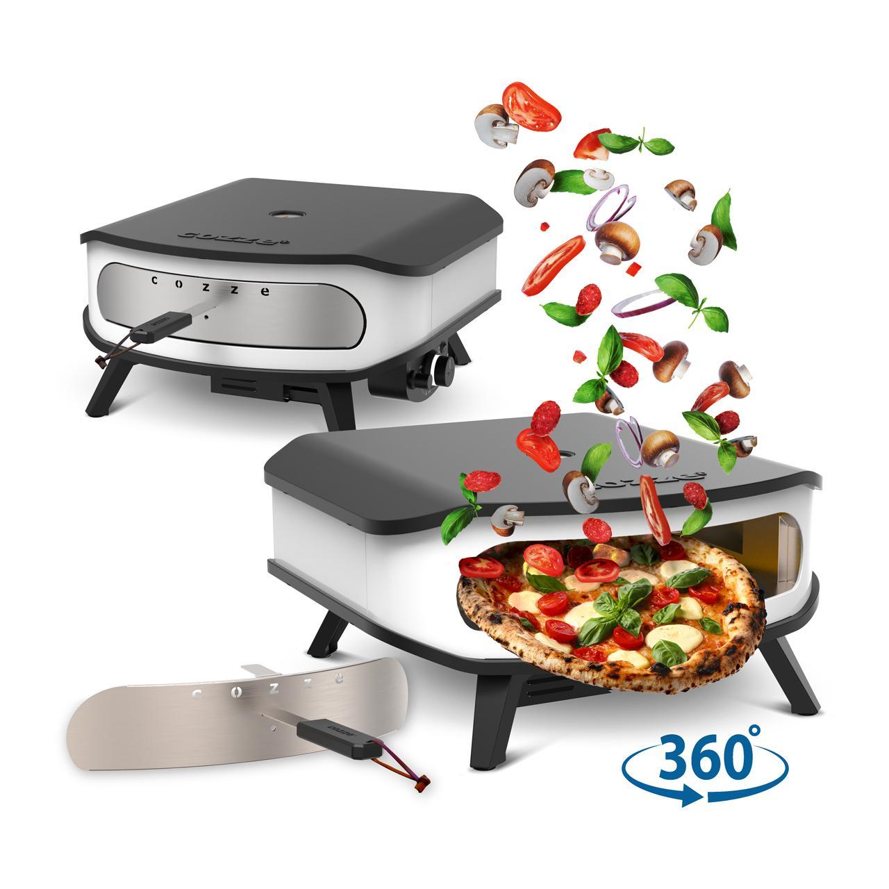 Cozze Pizza Bundle 17 Zoll: Gas Pizzaofen mit rotierendem Pizzastein inkl. Pizzaheber und Bambus Pizzabrett