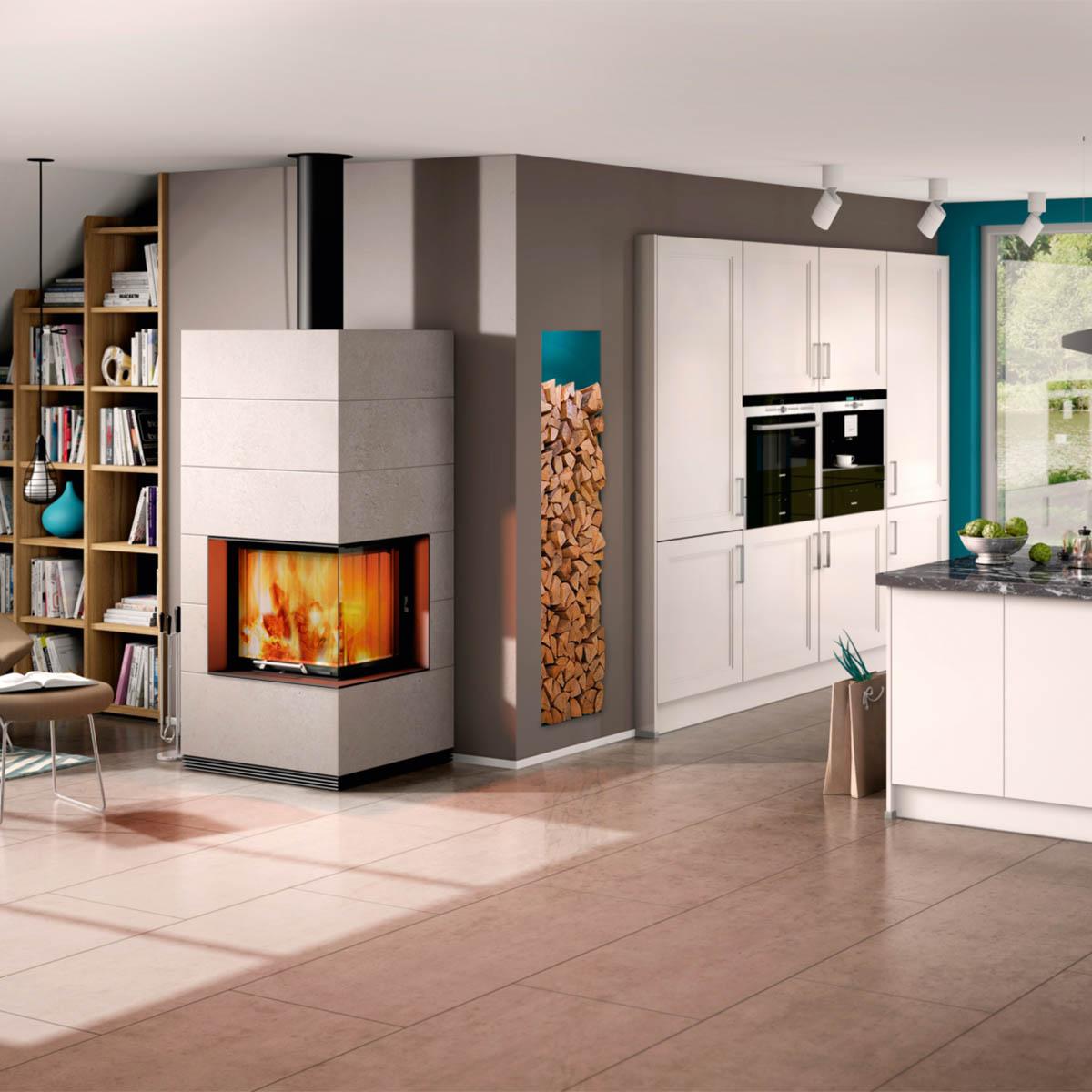 Kaminbausatz Spartherm SIM Varia 2R-55h 7 kW - Verkleidung: 1/3 Beton Natur - Feuerraumauskleidung: weiß - Verbrennungsluft: raumluftunabhängig (RLU)