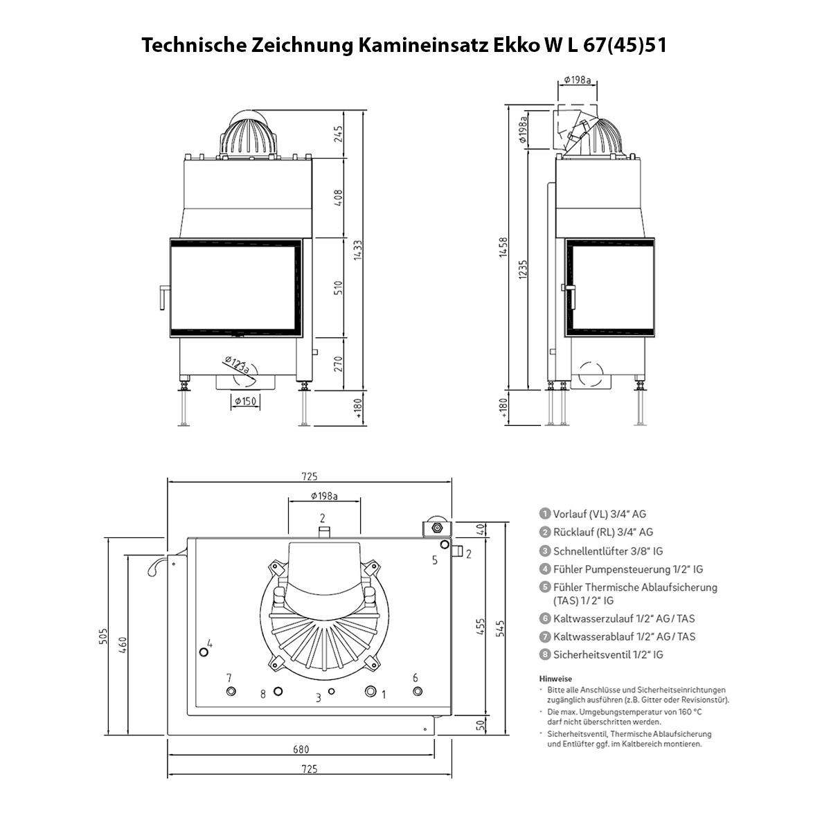 Kaminbausatz wasserführend Camina S10 mit 14,9 kW - Eckscheibe: links - Ausführung Kaminbausatz: Beton natur - Türausführung: schwenkbar - Feuerraumauskleidung: Schamotte weiß