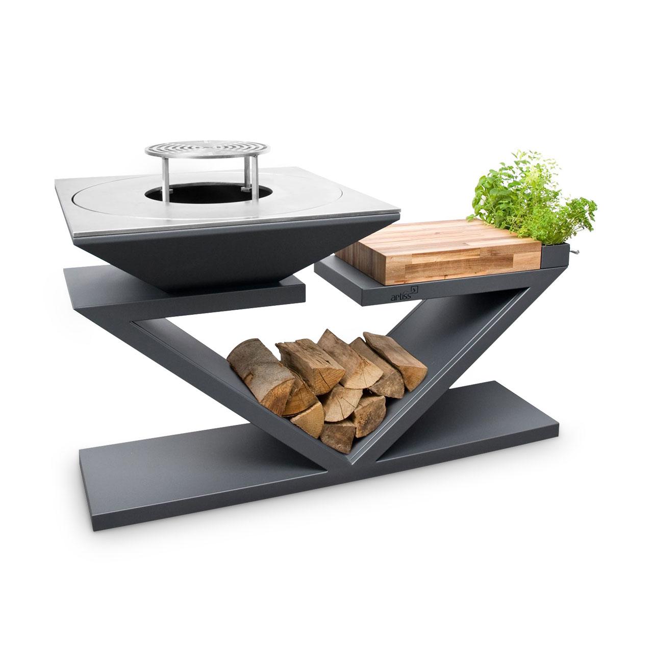 Feuerplatte Artiss G5 Graphit Plancha Grill und Feuerschale - Arbeitsfläche: Holz