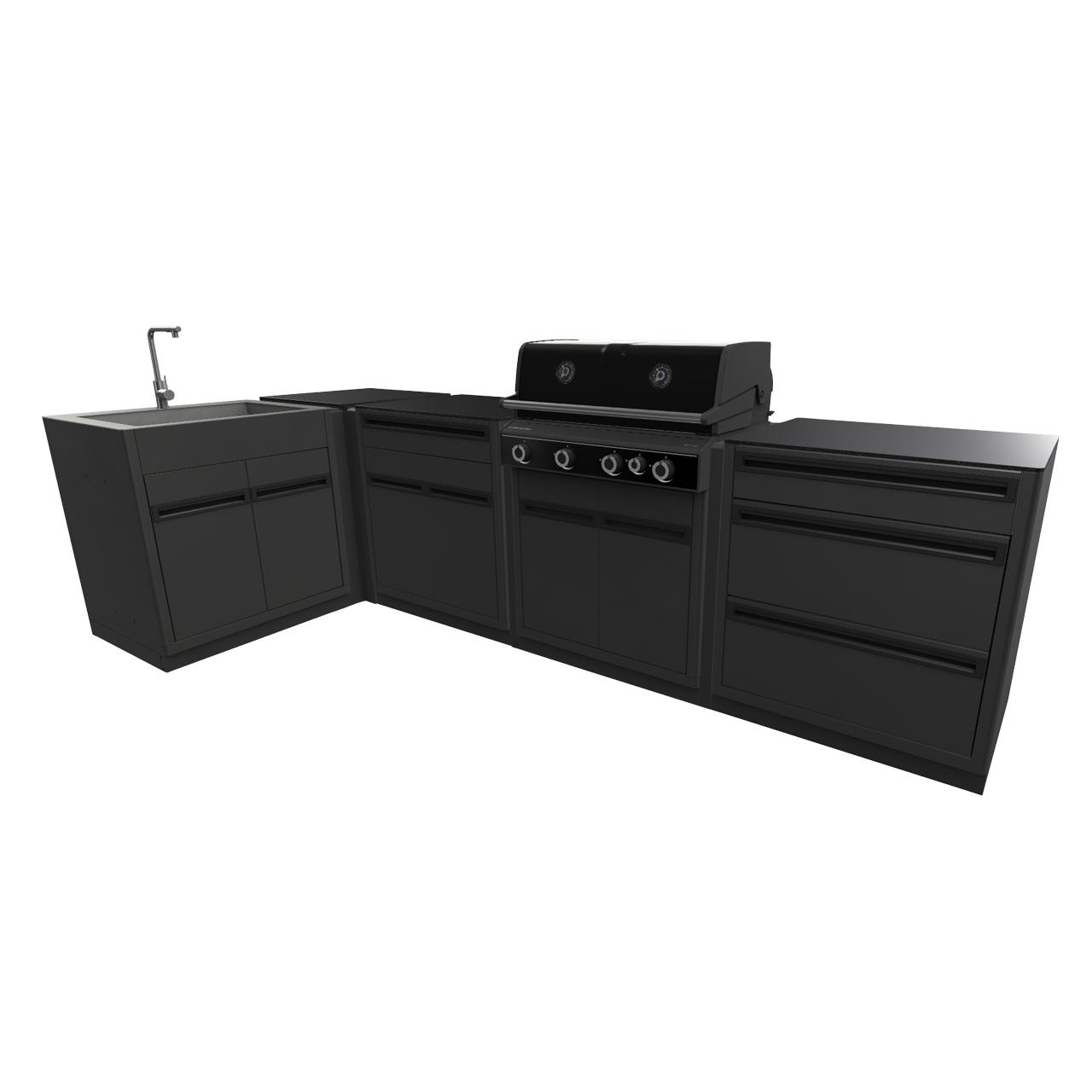 Outdoorküche Outdoorchef Heat X-415 L-Form inkl. Spüle, 3-Schubladenmodul, Schrankmodul & Eckmodul - Arbeitsplatte: Granit