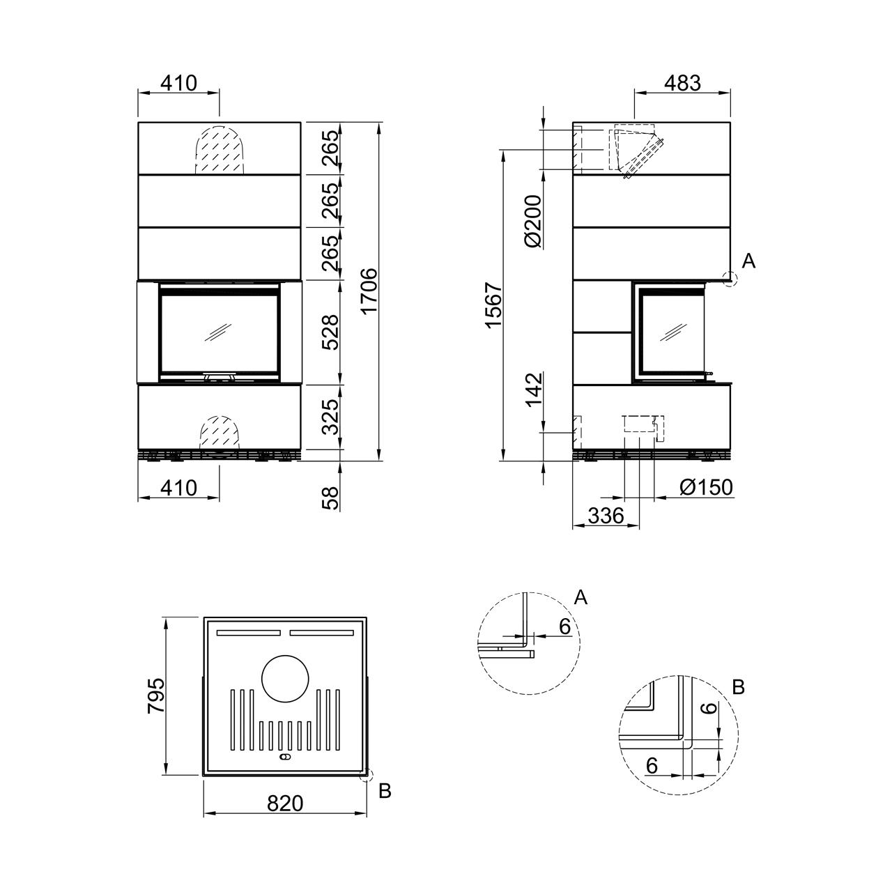 Kaminbausatz Spartherm SIM Arte 3RL-60h 10 kW - Verkleidung: 1/3 Beton Fino - Feuerraumauskleidung: Elfenbein