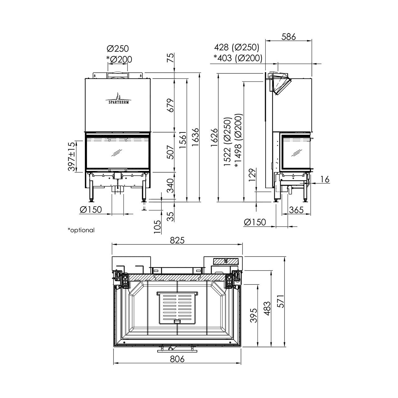 Kamineinsatz Spartherm Arte 3RL-80h 11,4 kW - Rauchrohrdurchmesser: 200 mm - Feuerraumauskleidung: weiß