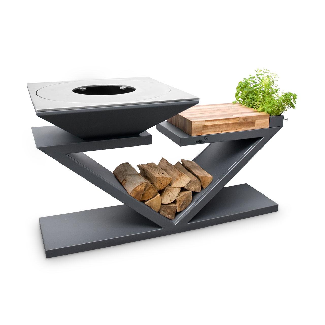 Feuerplatte Artiss G5 Graphit Plancha Grill und Feuerschale - Arbeitsfläche: Holz