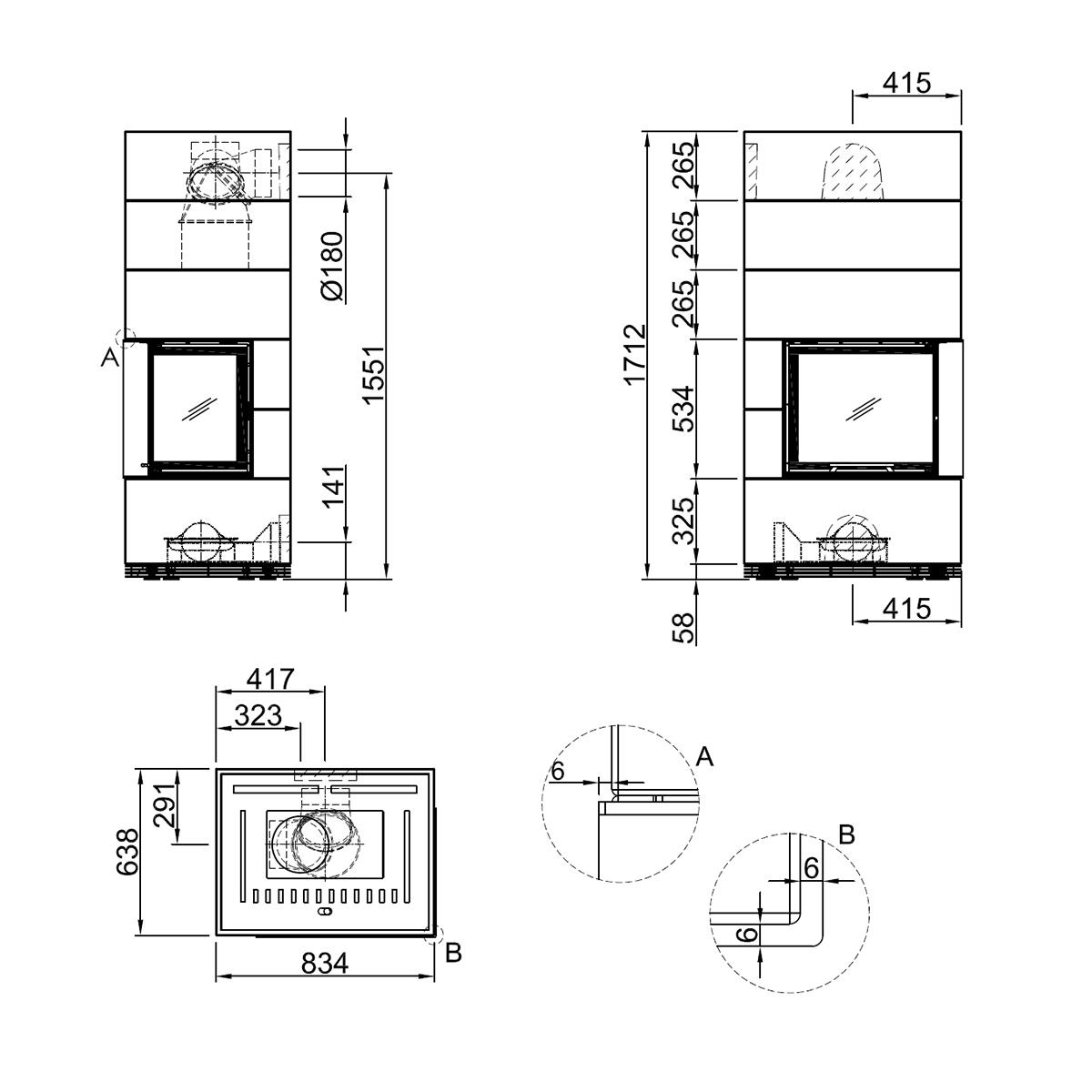 Kaminbausatz Spartherm SIM Varia 2R-55h 7 kW - Verkleidung: 1/3 Beton Natur - Feuerraumauskleidung: weiß - Verbrennungsluft: raumluftunabhängig (RLU)