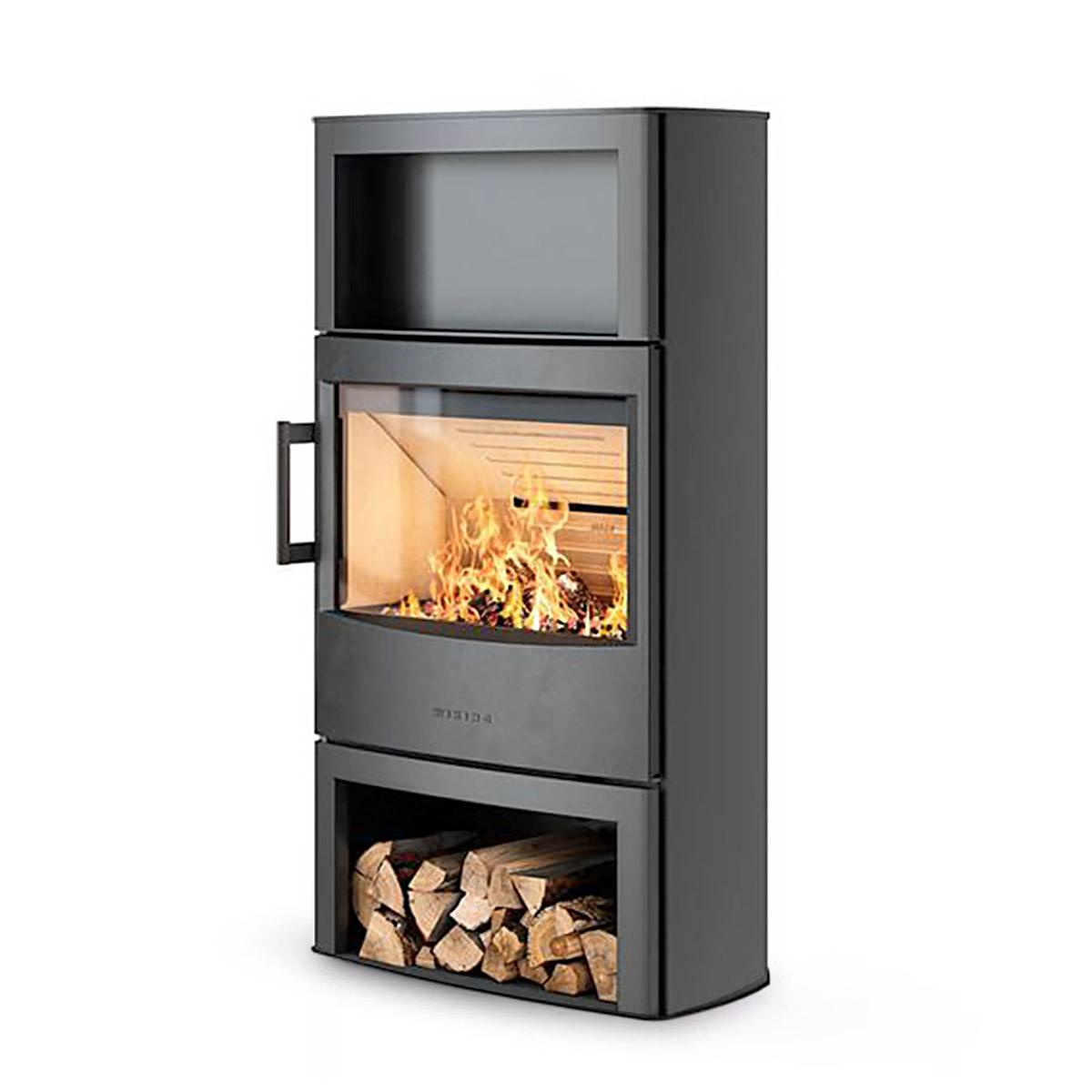 Kaminofen Wiking Maxi 6, 6,3 kW - Ausführung: Stahl - Korpus: Grau - Holzfach: offen - Rauchabgang: Hinten
