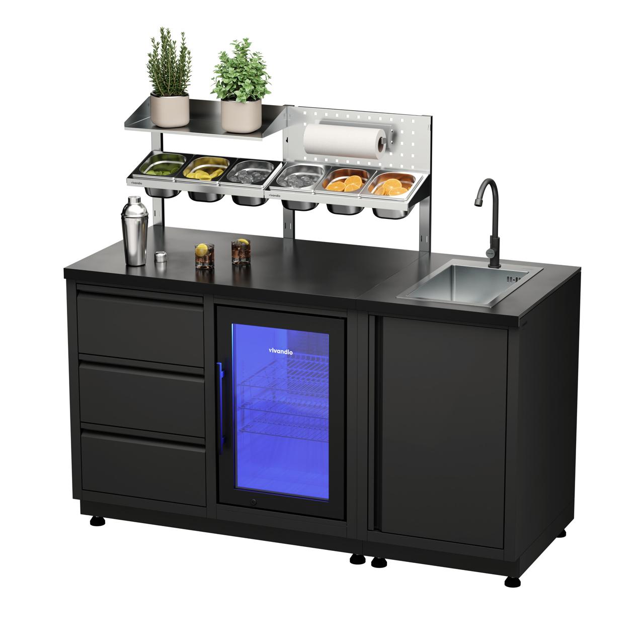 Outdoorküche vivandio quub / Outdoor Cocktailstation mit Kühlschrank und Spüle - Ausführung: schwarz - Mobilität: mit Stellfüßen