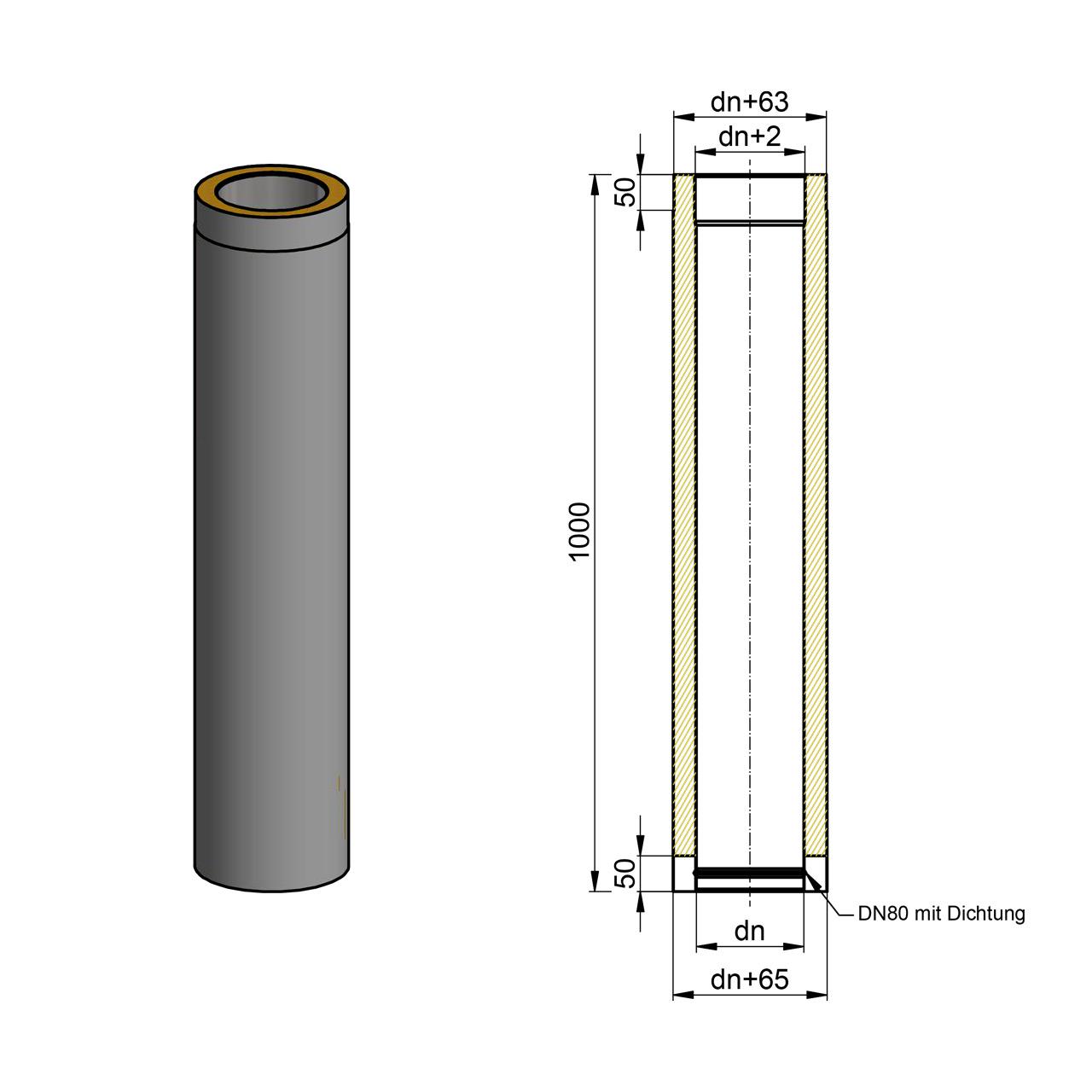 Doppelwandiges Ofenrohr DN 150 mm Länge 1000 mm Schwarz