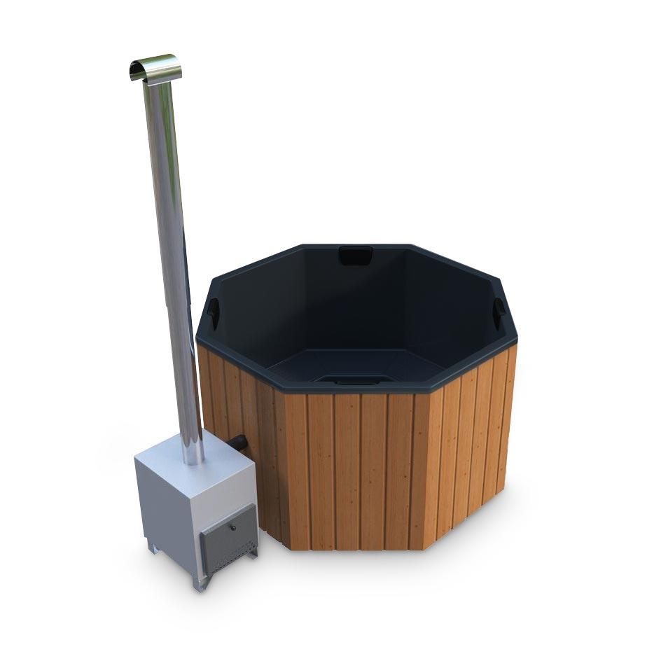 Hot Tub AA-Kaminwelt Badefass achteckig mit Kunststoffeinsatz und Außenofen - Größe: 1,8x1,8m - Ausführung: RAL 9005 - Ofen: Aluminium 27 kW