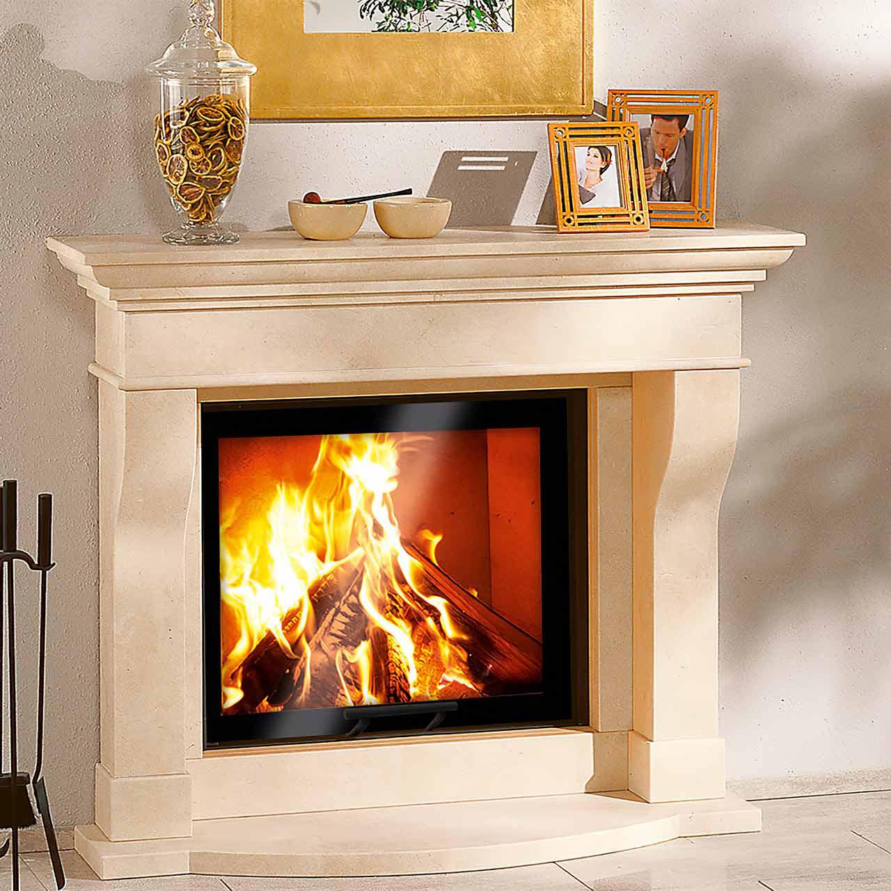 Kaminbausatz Camina N16 mit 9 kW - Naturstein: Travertino Romano - Feuerraumauskleidung: Schamotte weiß