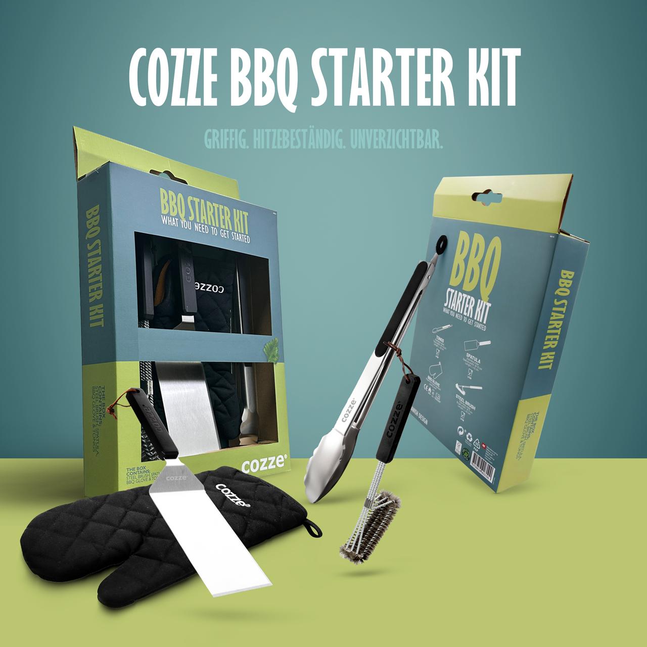 Grillzubehör Cozze BBQ Starter Kit - Stahlbürste, Spatel, Zange & BBQ-Handschuh