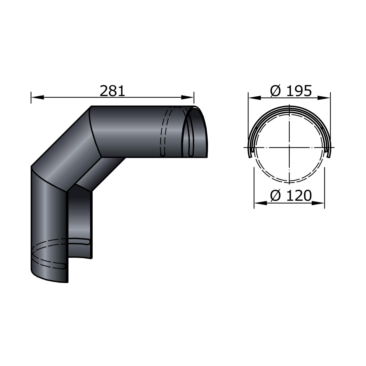 Ofenrohr Bogen Hitzeschutz doppelt DN 120 mm 90° Gussgrau