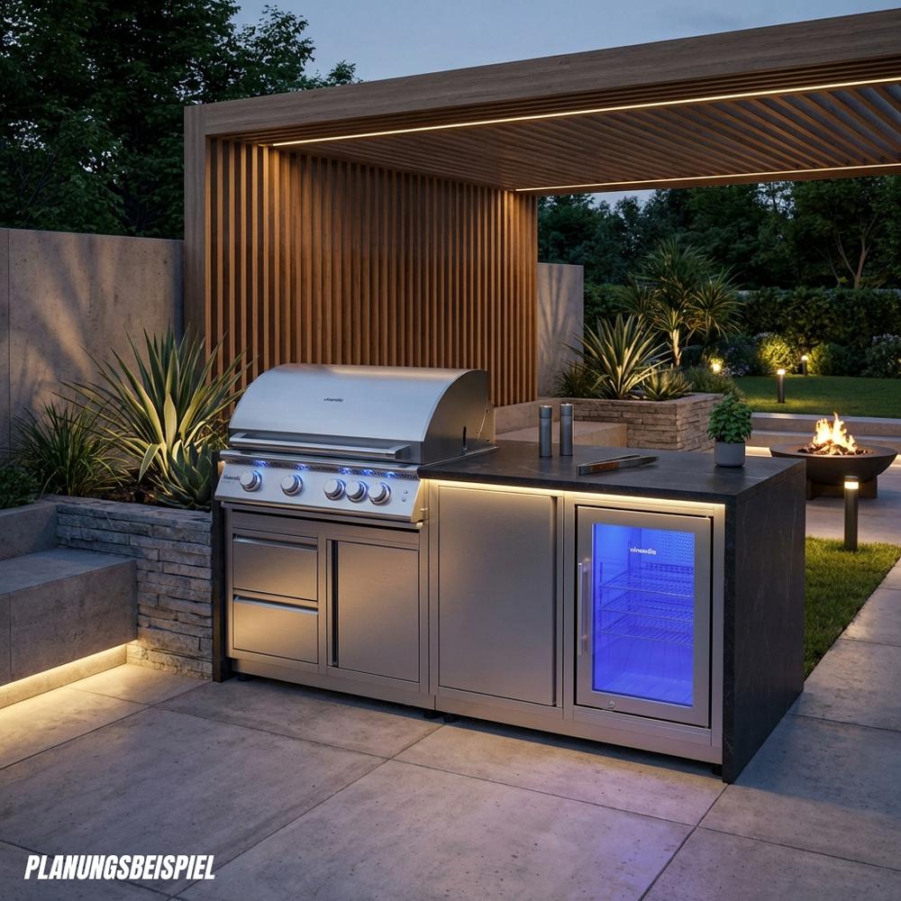 Outdoorküche vivandio quub / 32 Zoll Grillmodul Schubladen Schrankmodul - Ausführung: Silber - Mobilität: mit Stellfüßen