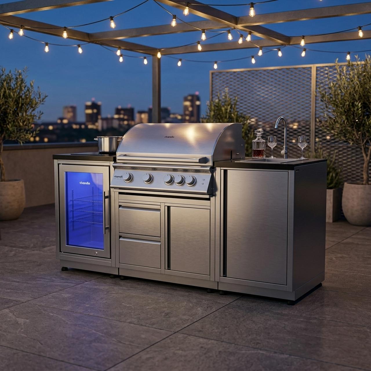 Outdoorküche vivandio quub / Mobile Outdoorküche mit Grill, Kühlschrank & Spüle - Ausführung: silber - Mobilität: mit Stellfüßen