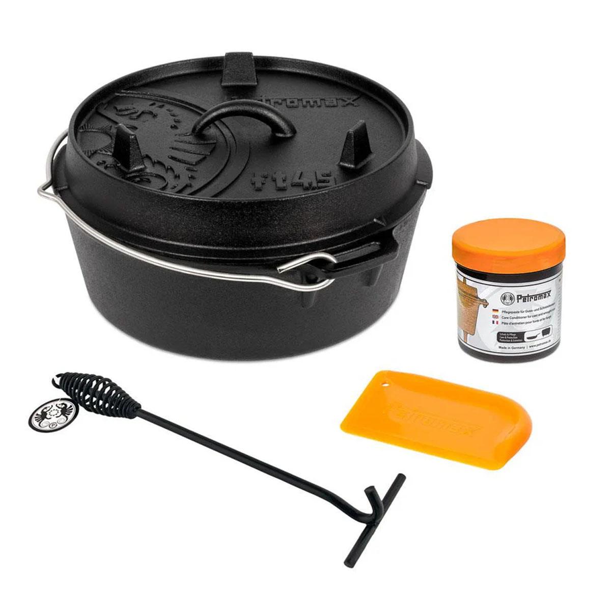 Petromax Feuertopf ft4.5 Set inkl. Deckelheber, Schaber & Pflegepaste - Dutch Oven: mit planem Boden