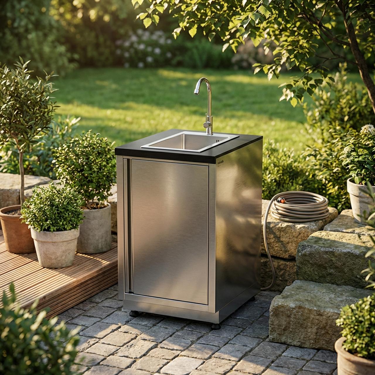 Outdoorküche vivandio quub / Outdoor Aperitivo-Station mit Doppelkühlschrank und Spüle - Ausführung: silber - Mobilität: mit Stellfüßen