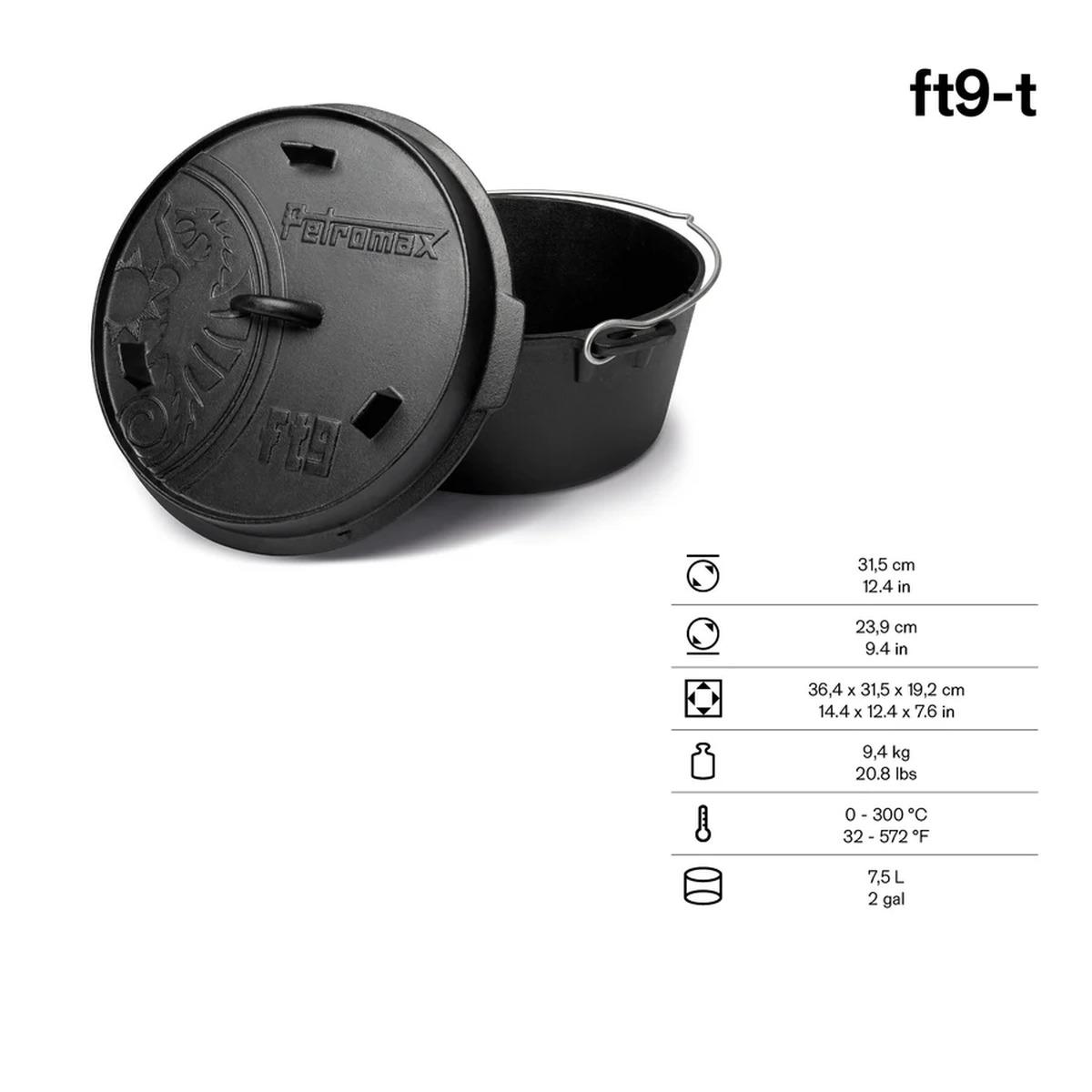 Petromax Feuertopf ft9 Set inkl. Deckelheber, Schaber & Pflegepaste - Dutch Oven: mit planem Boden