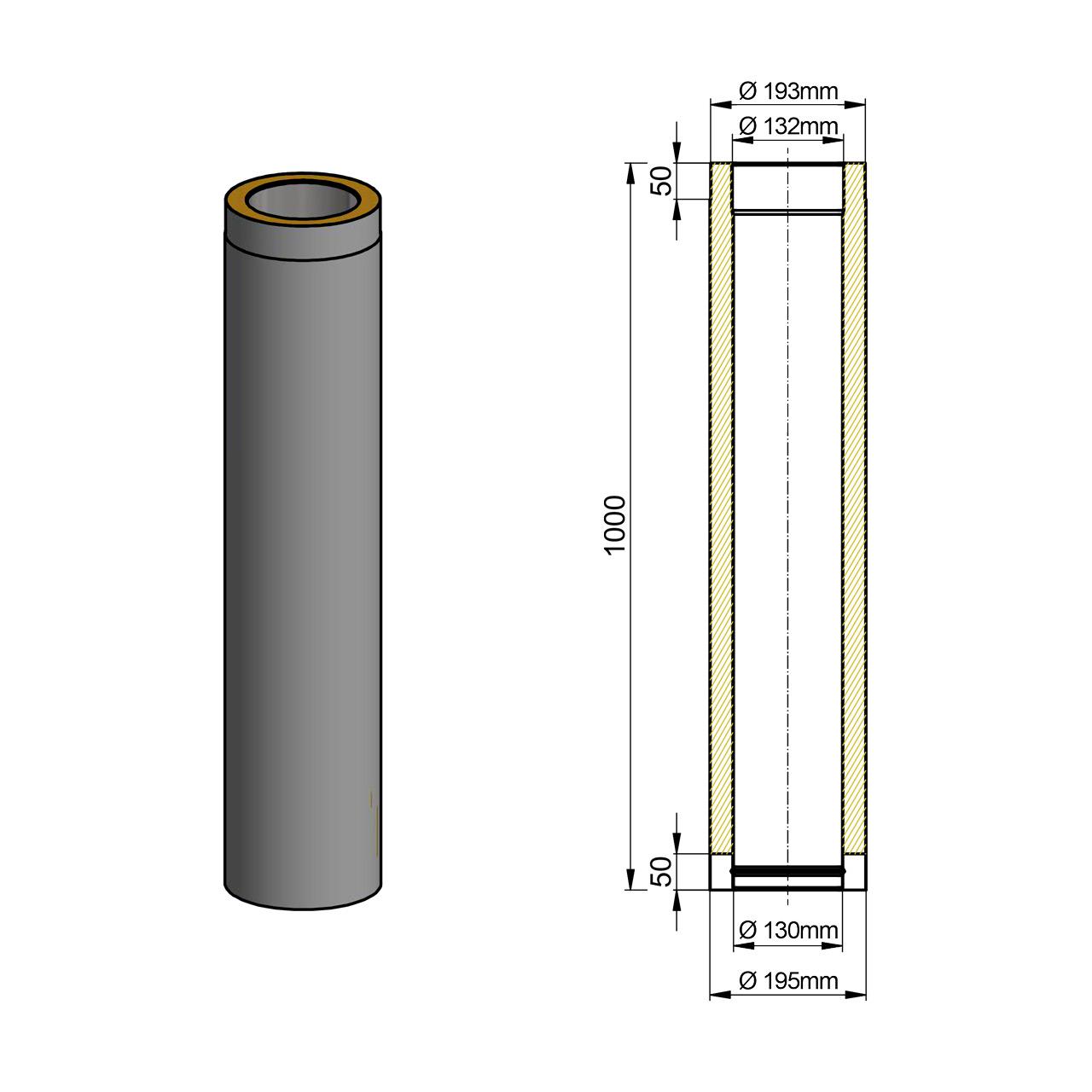 Doppelwandiges Ofenrohr DN 130 mm Länge 1000 mm Schwarz