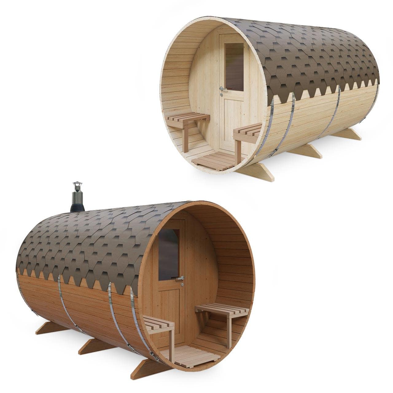 Gartensauna AA Kaminwelt S3V Saunafass 3,6 m mit Sitzen außen - Ausführung: Ø 2m mit Elektroofen 6 kW - Holz: Fichte
