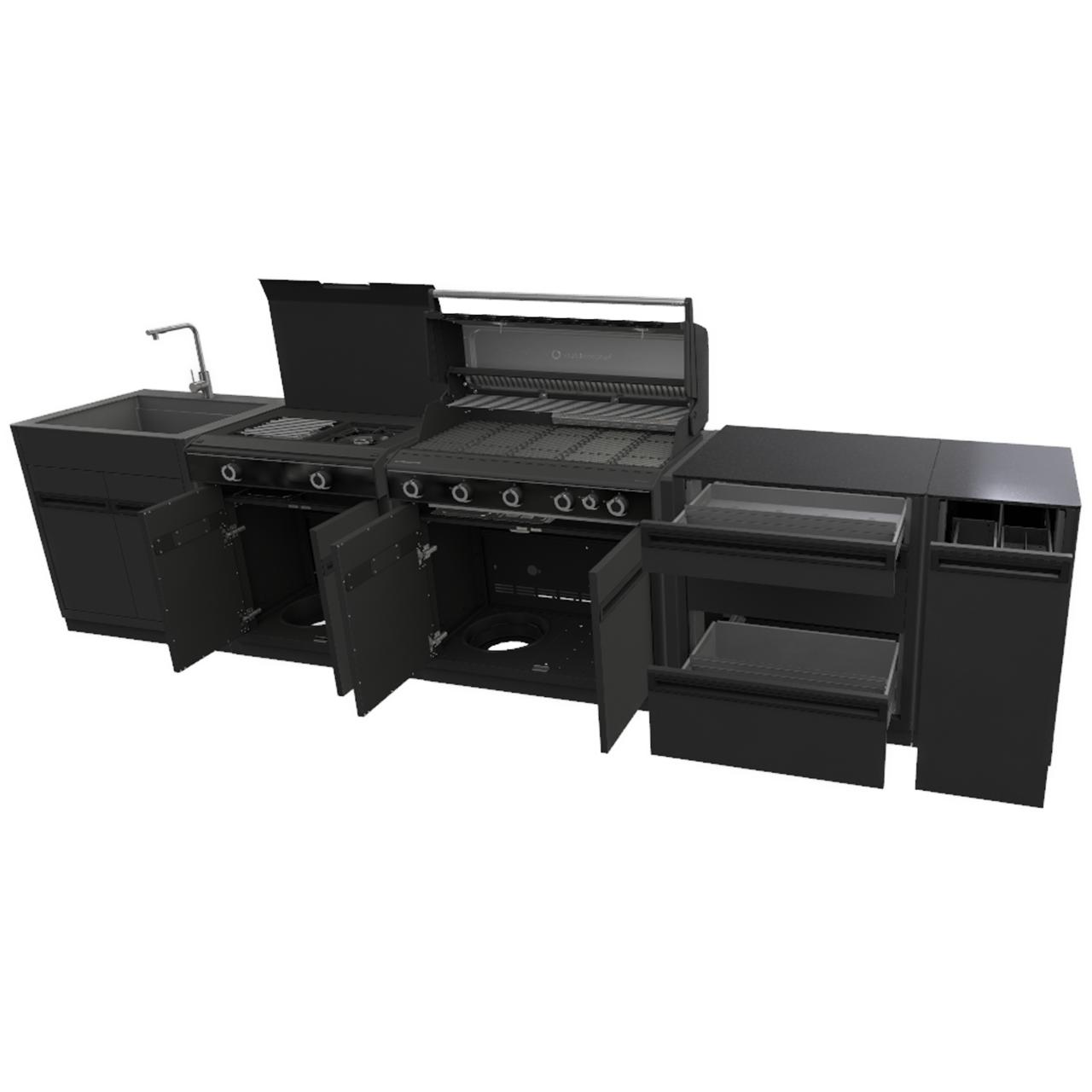 Outdoorchef Heat Outdoorküche X-515 RB K komplett mit Blazing Zone, Spülbeckenmodul, Schubladenschrank, Apothekerauszug inkl. Arbeitsplatte aus Granit