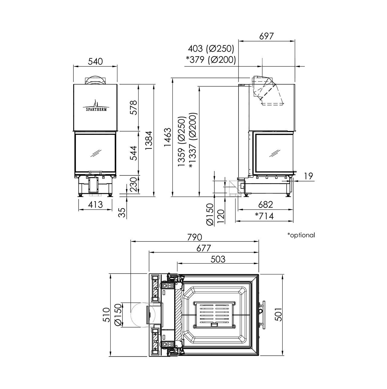 Kamineinsatz Spartherm Arte U-50h 9 kW - Ausführung: Abgasstutzen Ø 250mm