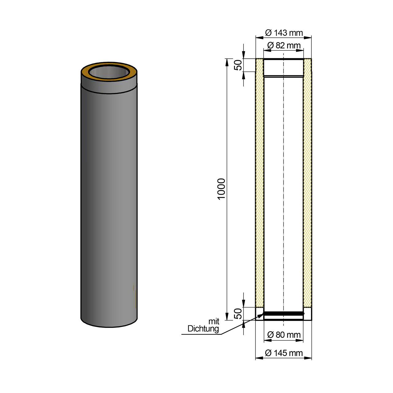 Doppelwandiges Pelletofenrohr DN 80 mm Länge 1000 mm Schwarz