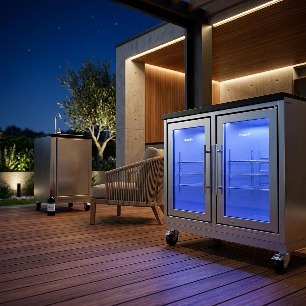 Outdoorküche vivandio quub / Outdoor Aperitivo-Station mit Doppelkühlschrank und Spüle - Ausführung: silber - Mobilität: mit Stellfüßen