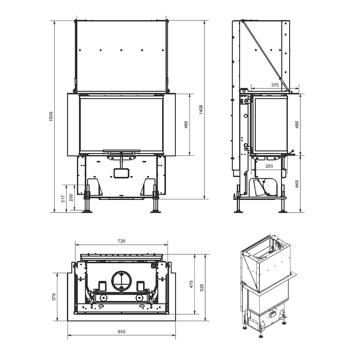 Kamineinsatz CB-Tec P200h 8,5 kW - Tragrahmen oben: P200h TG, Statik-Tragrahmen gerade