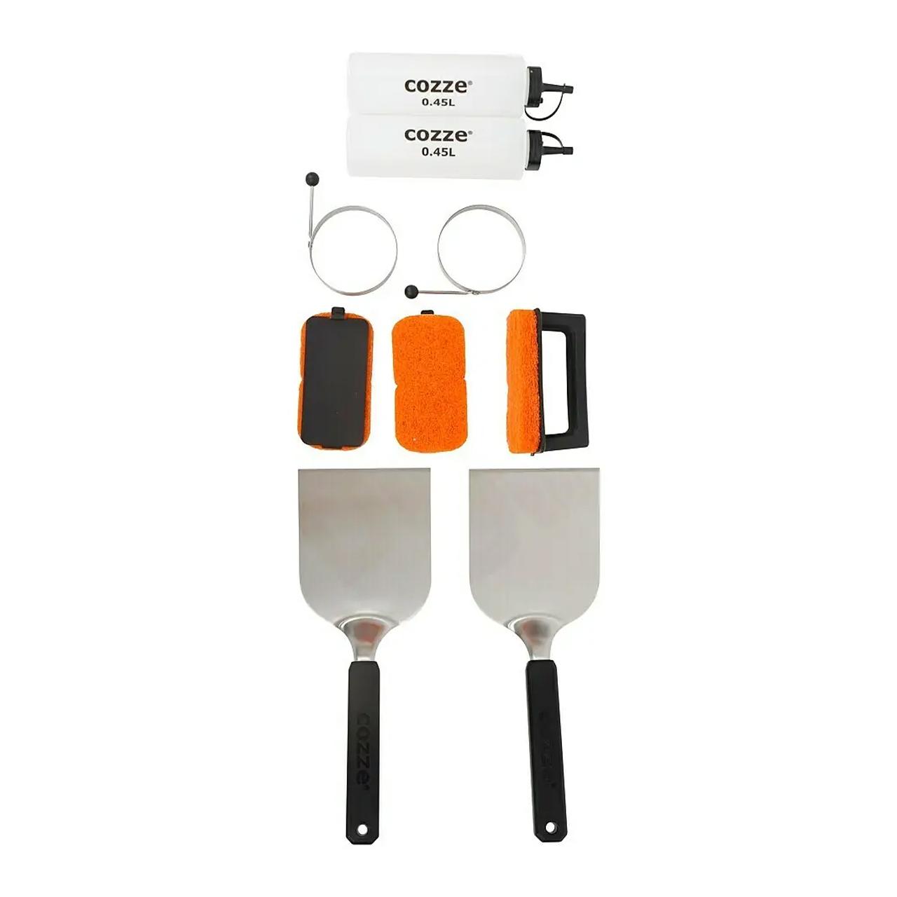 Cozze Plancha Starter-Kit mit Spatel, Bratringe, Grillschrubber & Saucenflaschen