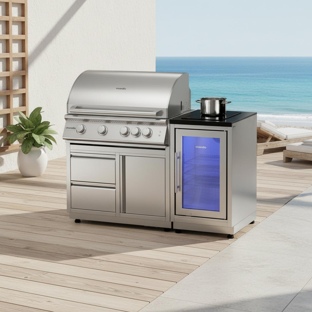 Outdoorküche vivandio quub / Mobile Outdoorküche mit Grill, Kühlschrank & Kochfeld - Ausführung: silber - Mobilität: mit Stellfüßen
