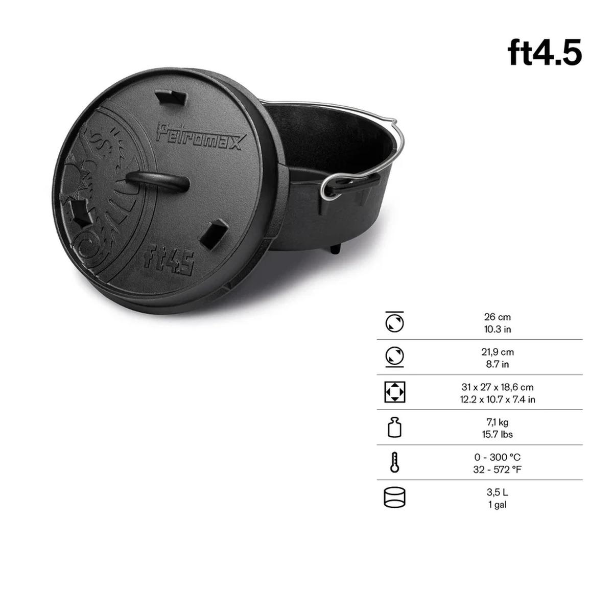 Petromax Grill Dreibein Dutch Oven Starterset - Größe Feuertopf: ft4.5 (3,5 l Topf / 1 l Deckel) - Ausführung Feuertopf: mit Füßen