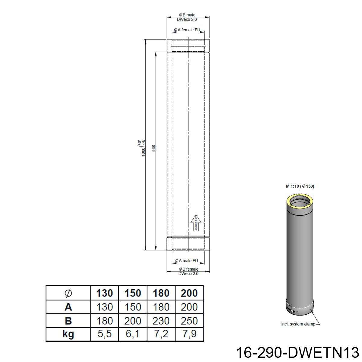 Jeremias DW-BLACK Längenelement - für Schornstein-Innendurchmesser: 130mm - Länge: 1000mm