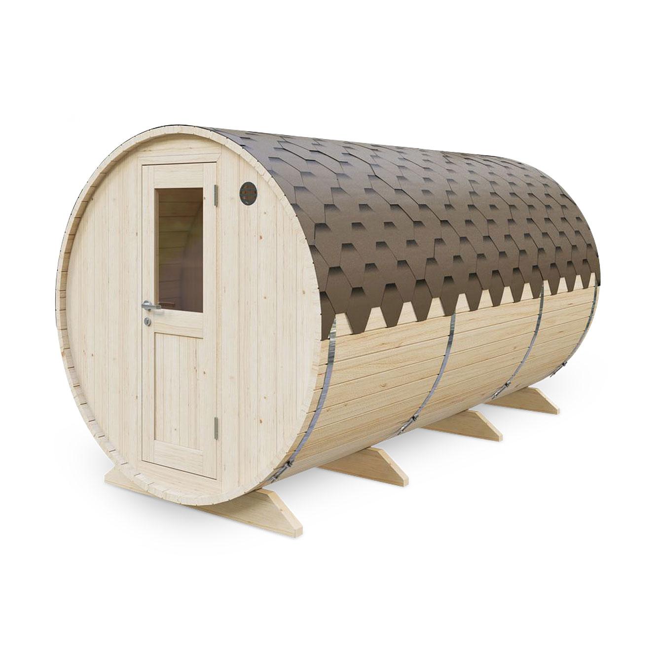 Gartensauna Ofen.de S4P Saunafass 4 m mit Vorraum - Ausführung: Ø 2m mit Elektroofen 6 kW - Holz: Fichte