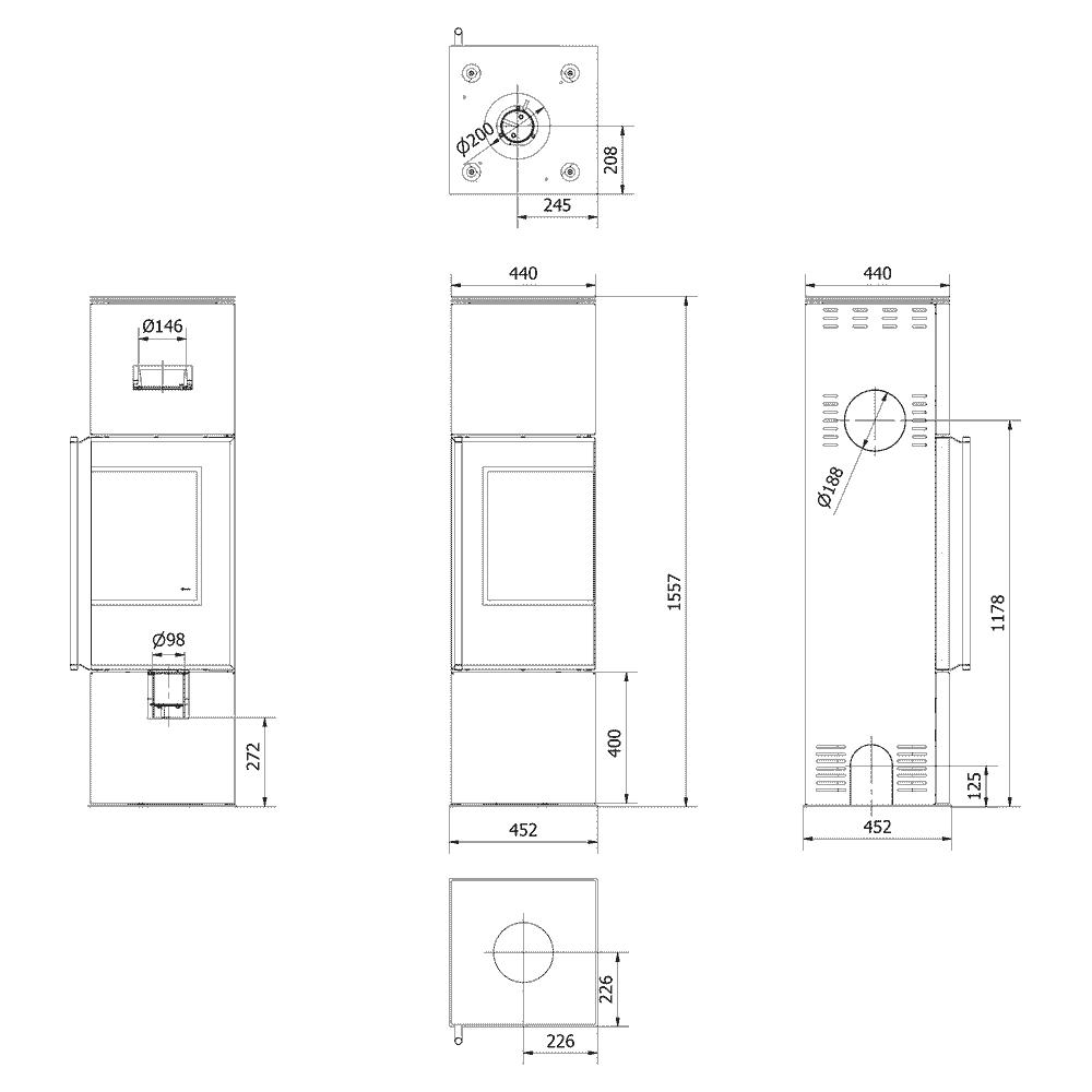 Kaminofen Kratki REN 7kW Größe M - Ausführung: Weiß - Version: Ecke rechts - Selbstschließung: ohne Türfeder