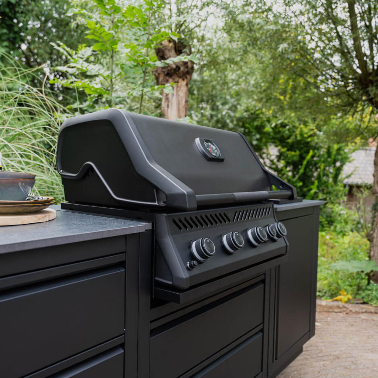 Napoleon Einbau Gasgrill 300 Series 32 Zoll Mattschwarz inkl. Oasis Untergestell, Abdeckhaube & Drehspieß