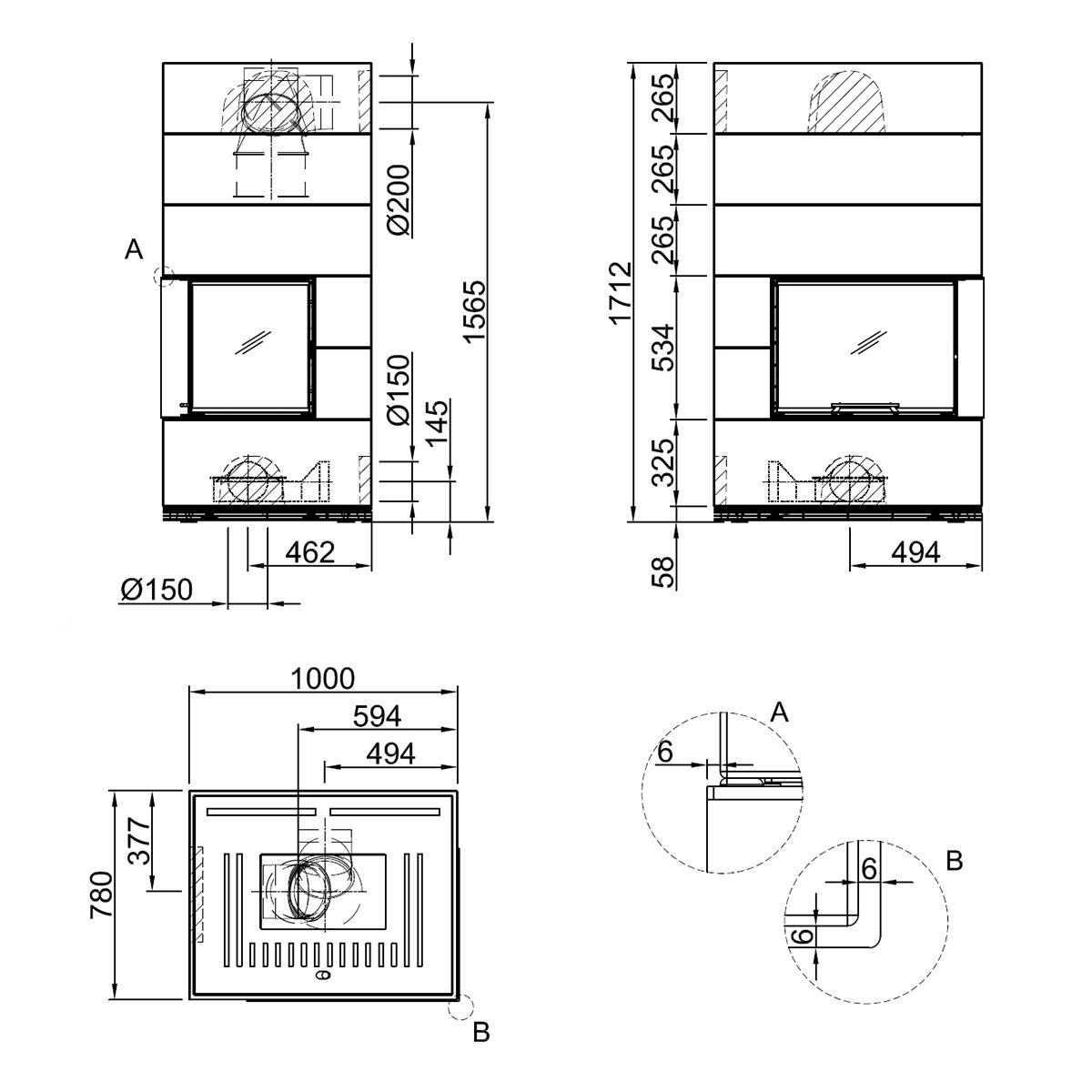 Kaminbausatz wasserführend Spartherm SIM Varia 2Rh H2O 10,4 kW - Verkleidung: 1/3 Beton Natur - Feuerraumauskleidung: weiß