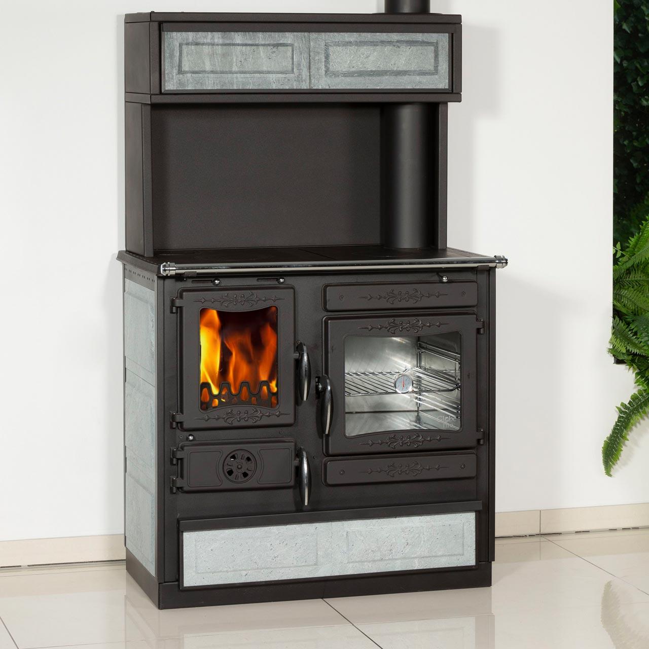 Holzherd Globe Fire Alhena Rechts 6,6 kW - Ausführung: Naturstein Serpentin