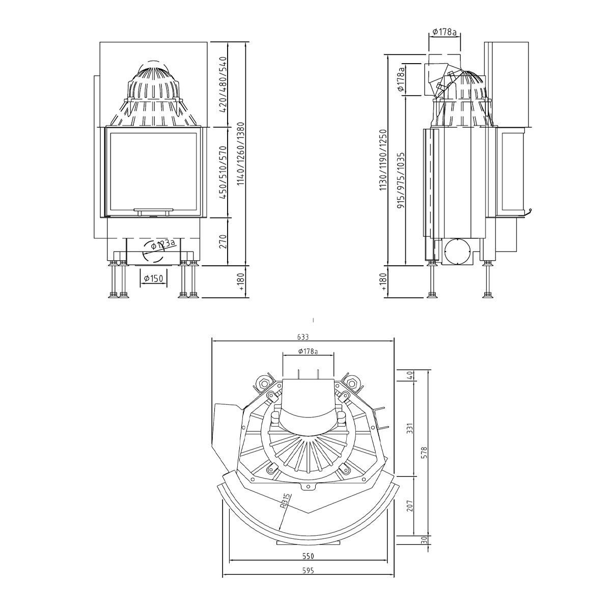 Kamineinsatz Schmid Pano 55 h mit 7 kW - Türhöhe: 51 cm - Brennraumauskleidung: Schamotte Anthrazit