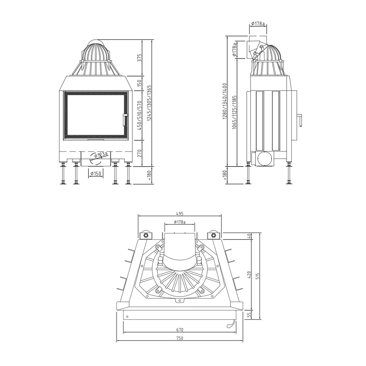 Kamineinsatz Schmid Lina 67 s mit 9 kW - Türhöhe: 51 cm - Türanschlag: links - Brennraumauskleidung: Schamotte Anthrazit