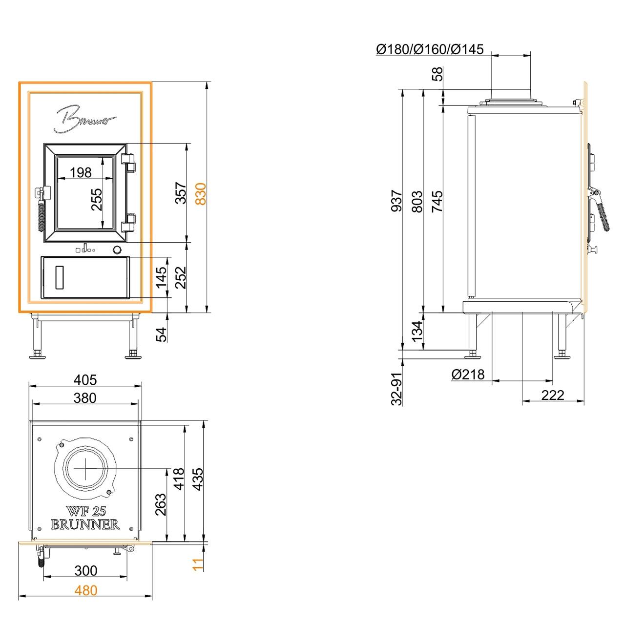 Kachelofeneinsatz Brunner WFR 25 Einfachglasscheibe 6 kW - Ausführung: Gussfrontplatte 830x480mm