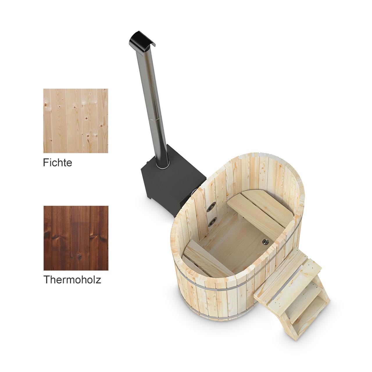 Hot Tub AA-Kaminwelt Badefass Oval 1,3 x 0,85 m mit Außenofen - Holz: Fichte - Ofen: Aluminium 27 kW