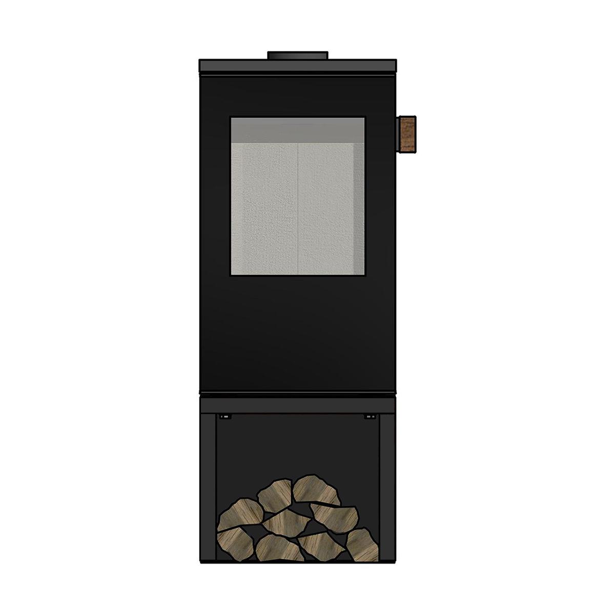 Kaminofen Cera Design Galileo Glas mit 5,5 kW - Sockel: Holz schwarz, vorn offen