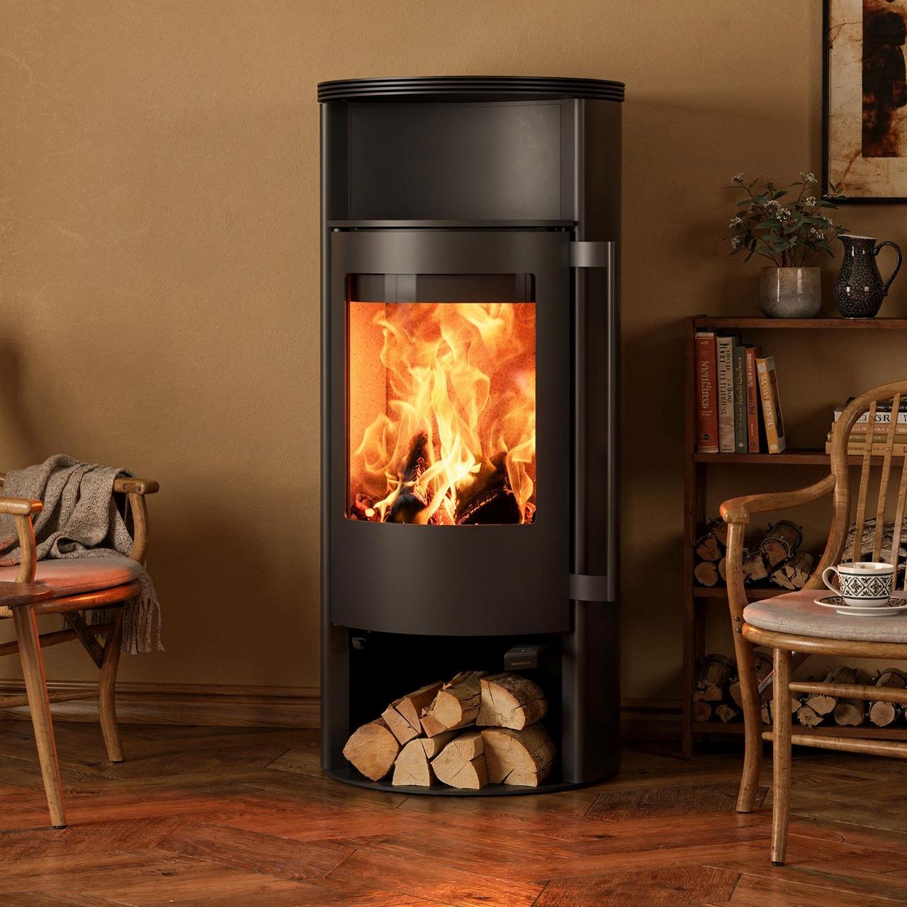 Kaminofen Skantherm Merano 2.0, 6,4 kW mit Komfortgriff - Ausführung: Stahl, Raumluftunabhängig inkl. Stahl-Topplatte und Speichermodul