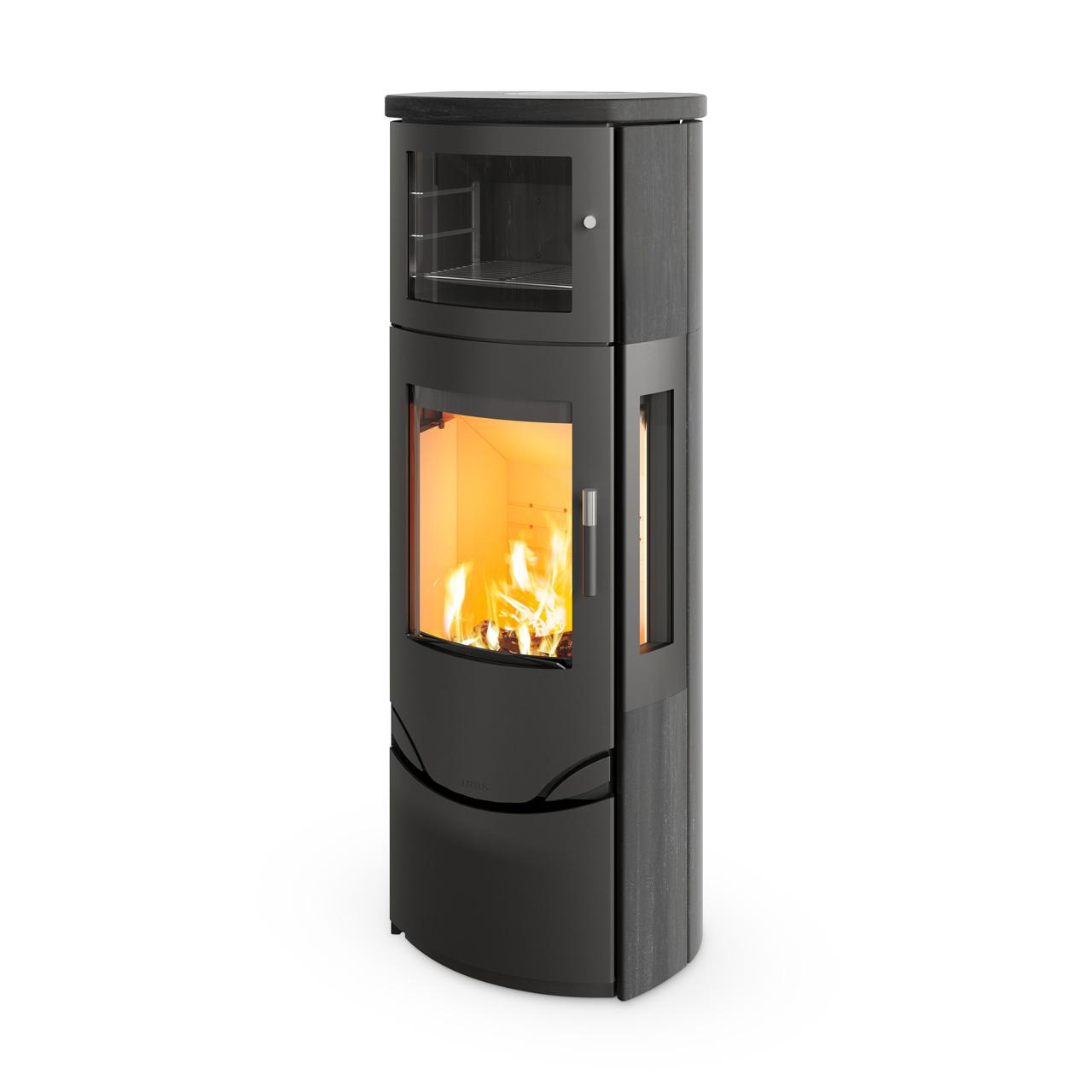 Kaminofen Lotus Prio 7M Indian Night mit Warmhaltefach 7 kW - Ausführung: Mit Seitenglas